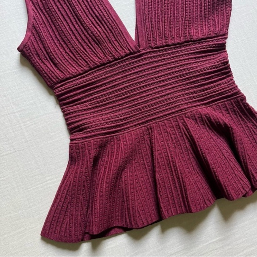 Ronny Kobo - Maroon Textured Bandage Plunge Peplum Top Sz L